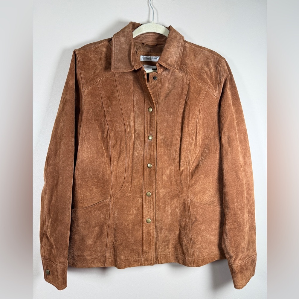 Coldwater Creek Womens Suede Leather Jacket Cognac Snap Closure Sz L - Picture 2 of 12